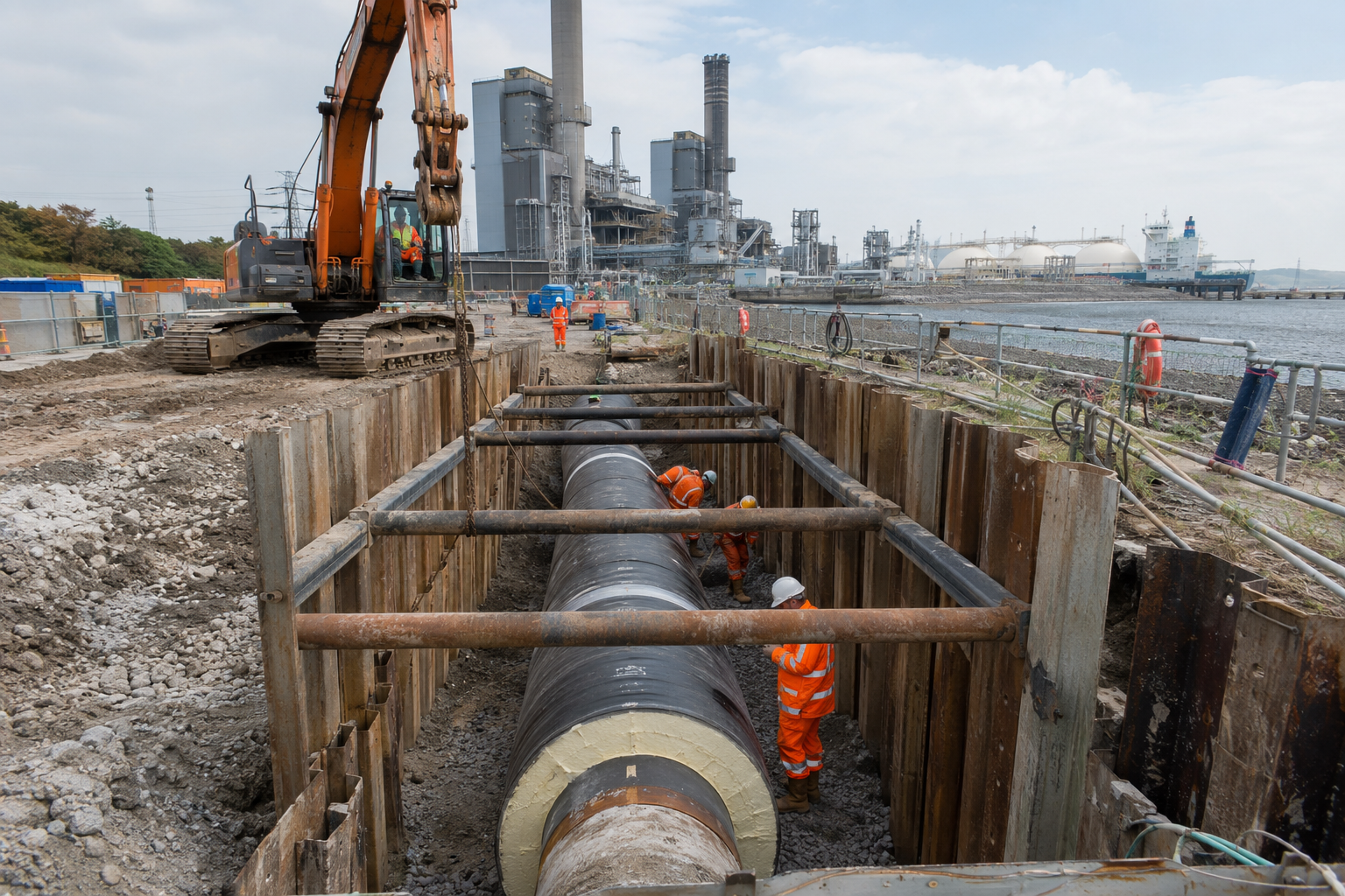 District heating pipework installation at a power station