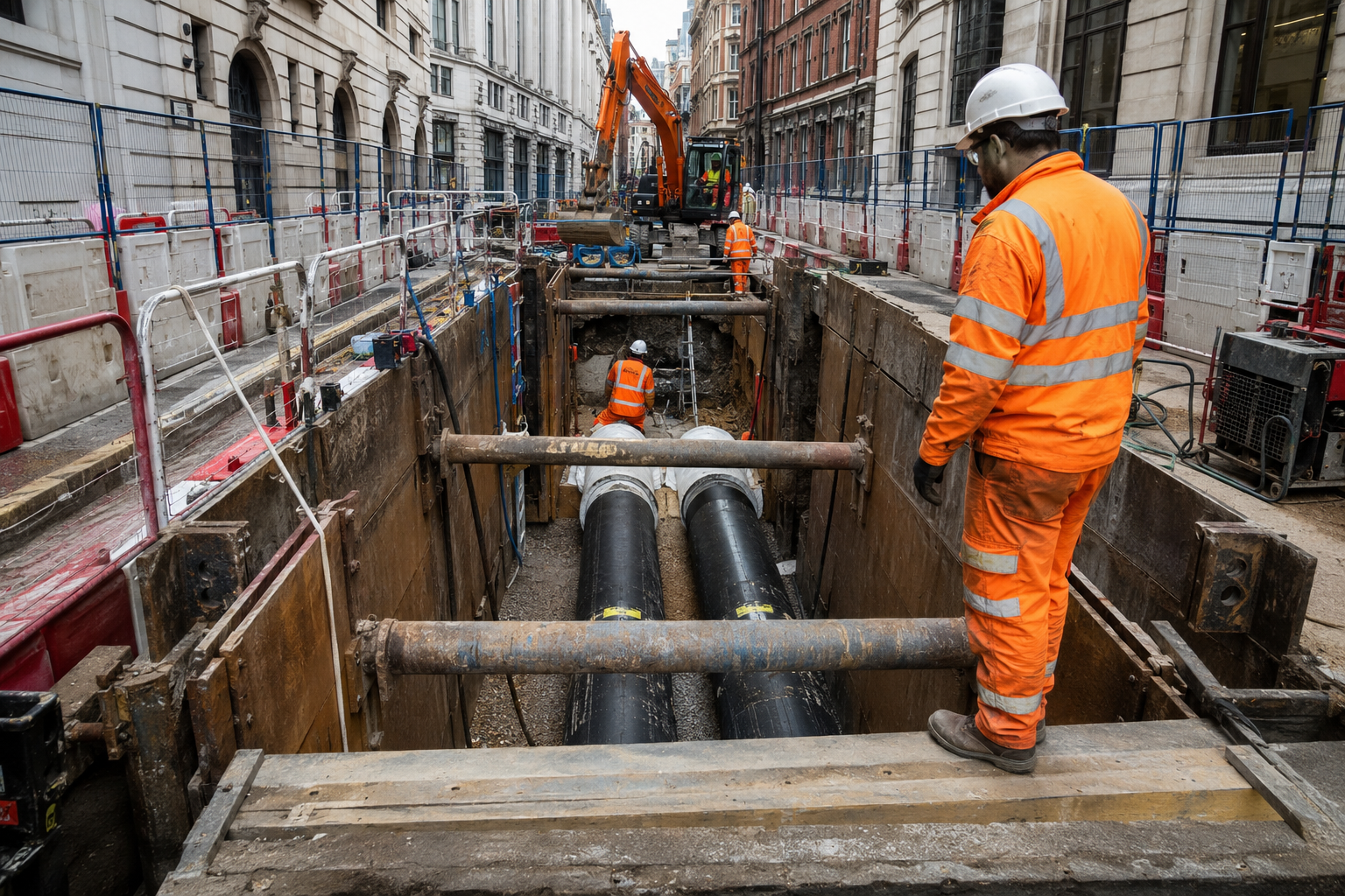 Underground district heating works in a city street