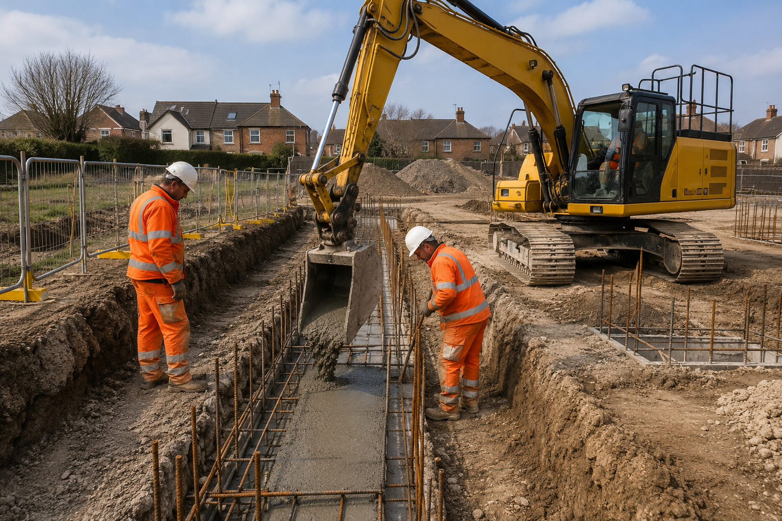 Groundworks crew forming foundations on a UK construction site