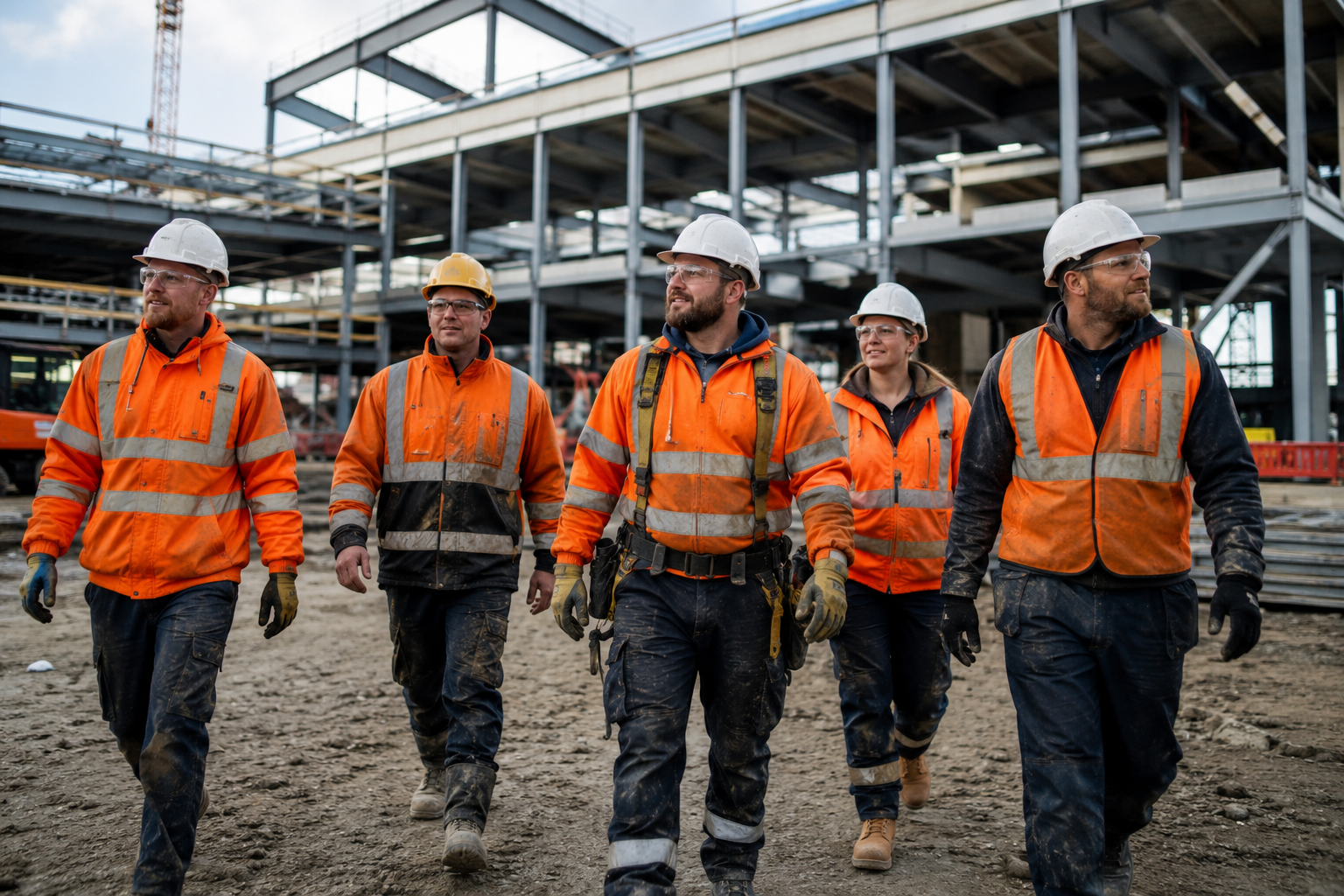 Multi-trade site team in PPE on a UK construction project