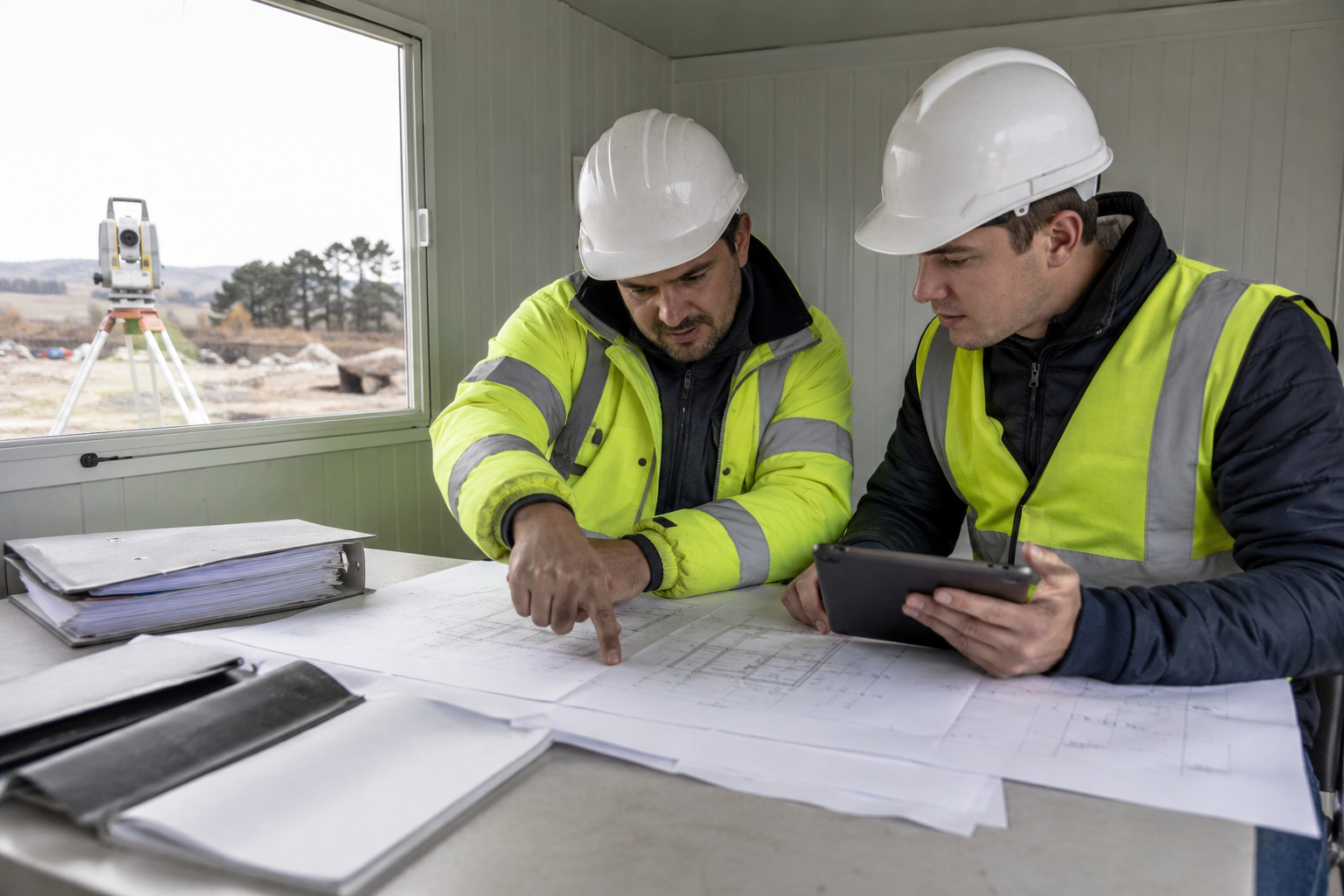 Site team reviewing drawings during pre-construction planning