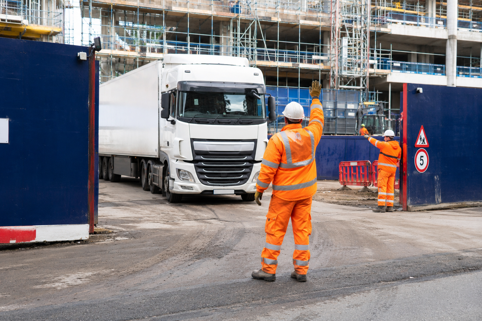 Traffic marshal directing deliveries on a logistics-managed site
