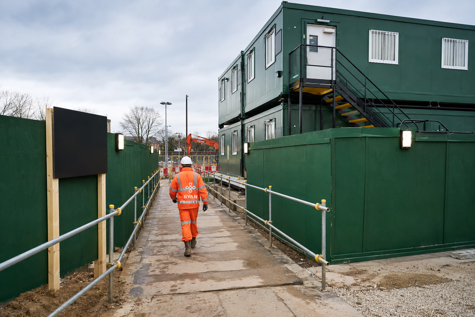Compliant site setup with hoarding, welfare cabins and signage